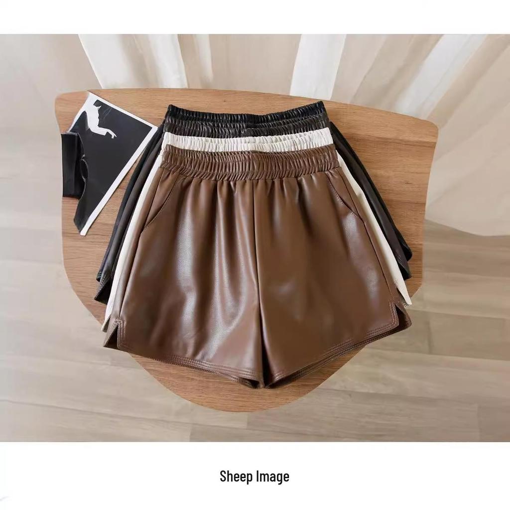 Kumikumi Design Women's PU Leather Wide-Leg Pants, High Waist, Elastic Waist, Autumn Style Slimming Shorts.