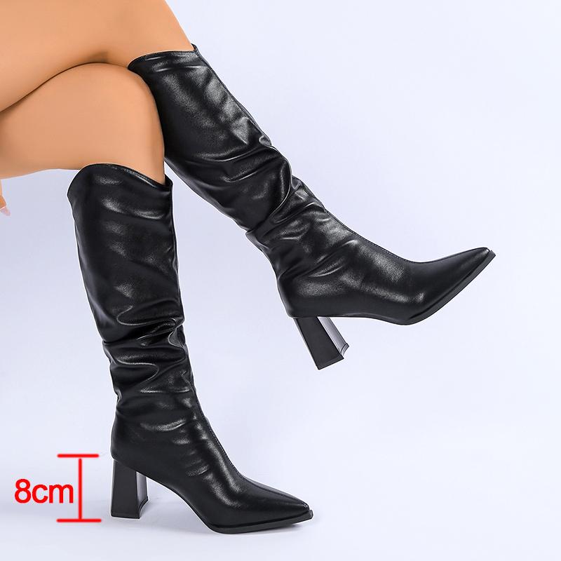 Pleated High Heeled Knee High Boots for Women Pointed Toe Chunky Heel Boots Woman Autumn Winter PU Leather Long Botas Mujer 2025