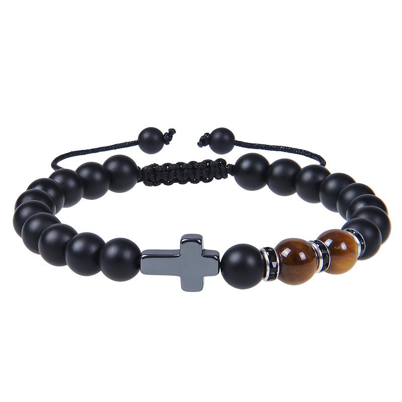 Charm Natural Stone Bracelet Cross Black Lava Matte Beaded Bracelets Handmade Men Women Prayer Fitness Chain Couple  Gift