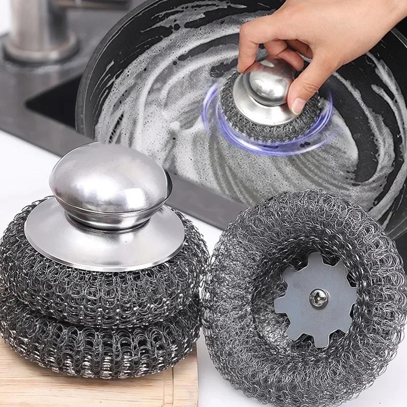 5-teiliger Stahlwolle-Schrubber mit Griff, Edelstahl-Reinigungsbürsten, Reinigung von Geschirr, Suppentöpfen, Pfannen, Grillplatten, Grills