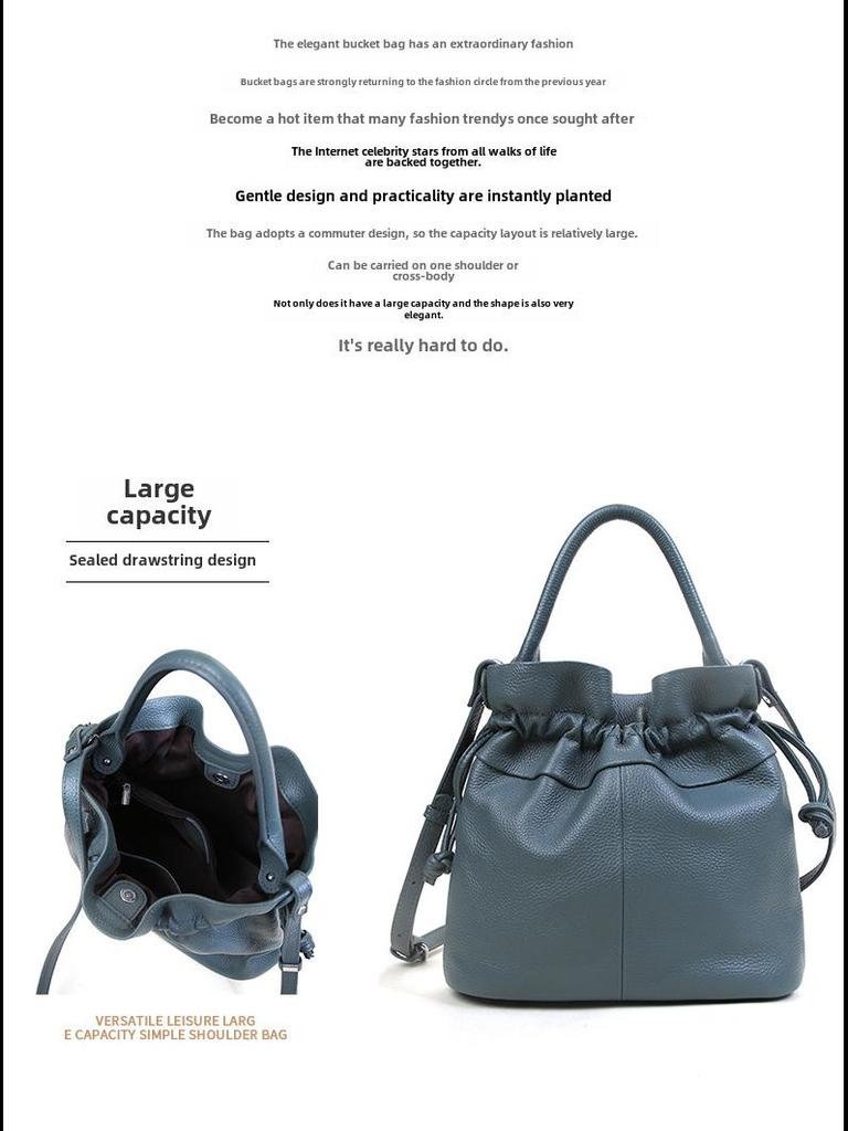 Women's Classic Fold Leather Bucket Bag: New Style, First Layer Cowhide, Trendy Solid Color Handheld Design