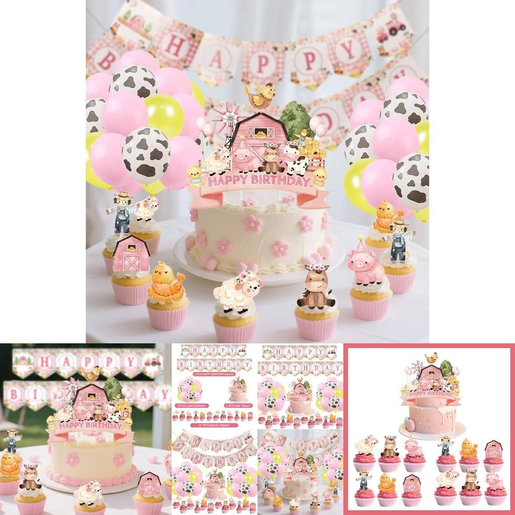 Farm Animal Birthday Party Banner And Balloon Decor Set With Paper Flags For Kids Celebration