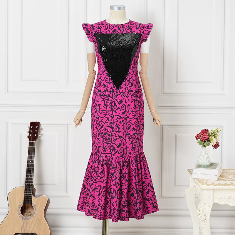 Plus Size Women Round Neck Sleeveless Print Fishtail Ruffled Plus Size Dresses