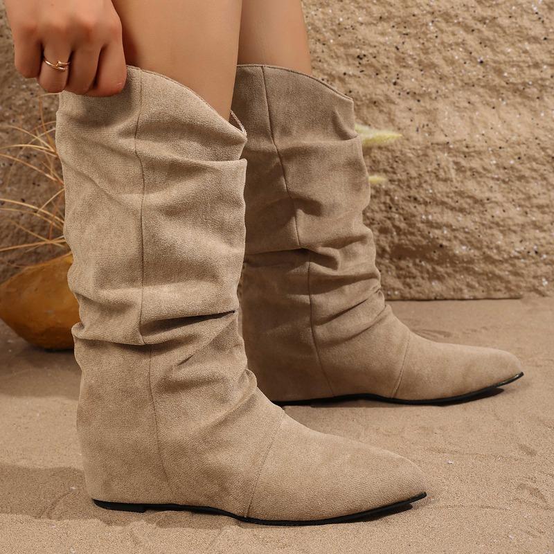Inside Heightened Flat Single Shoes Autumn New Pointed Toe Suede Sleeve Suede Pleated Stack Boots