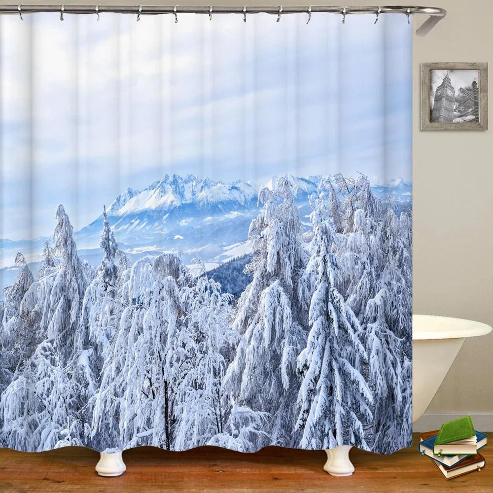 Natural landscape Snowflake Cedar Tree Shower Curtains Bathroom Curtain Frabic Waterproof Polyester Bath Curtain with Hooks