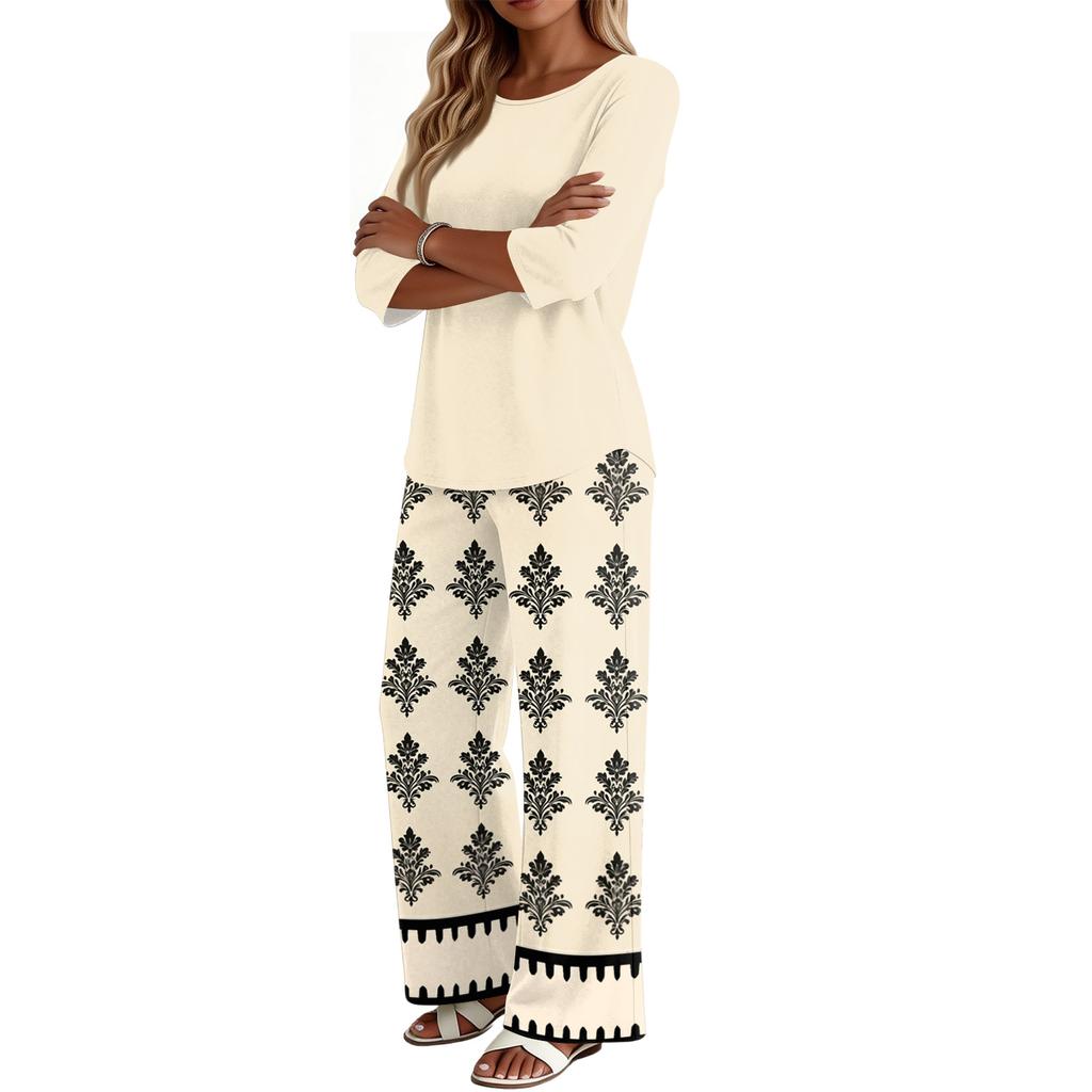 Women's Casual Fashion Round Neck Loose Fit Printed Three Quarter Sleeve Top with Wide Leg Pants Set Comfortable Two Piece Outfit