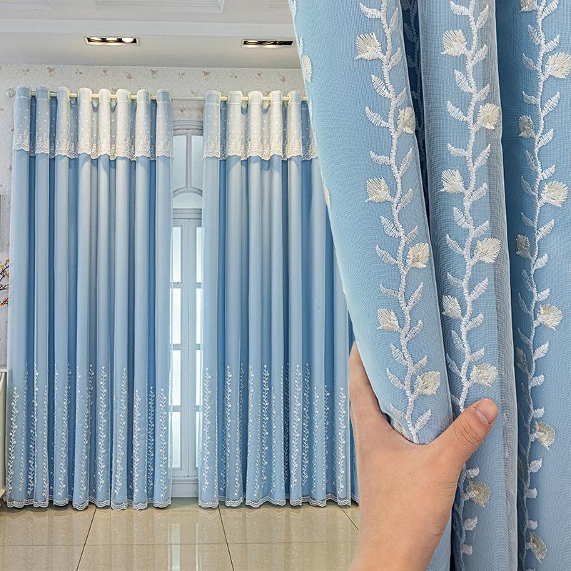Dubbellaags Gordijnstof Set, Tak Borduurontwerp, Eenvoudig Puur Scandinavisch, Volledig Zonwerende Slaapkamer Verduisteringsdoek W132xH183cm&Hooks tape top blauw