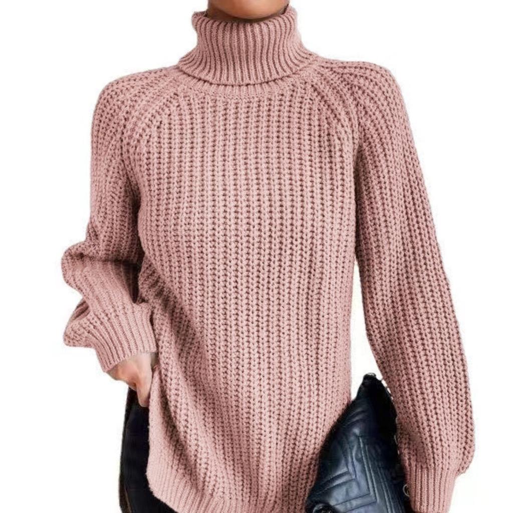 Autumn/Winter Soft Knitwear Fashion Raglan Long Sleeve Turtleneck Split Sweater Casual Warm Solid Mid-length Pullover