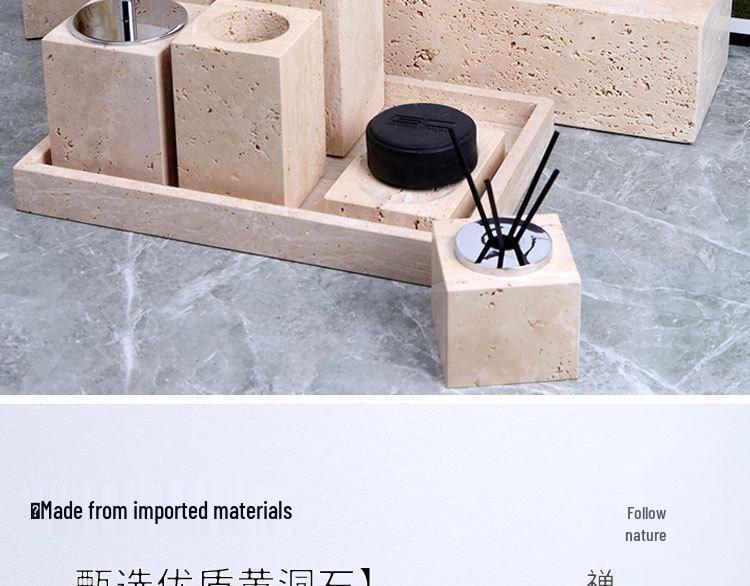 Badezimmerset aus gelbem Marmor im chinesischen Stil: Tablett, Aromatherapie-Ornament, Handseifenspender & Taschentuchbox.