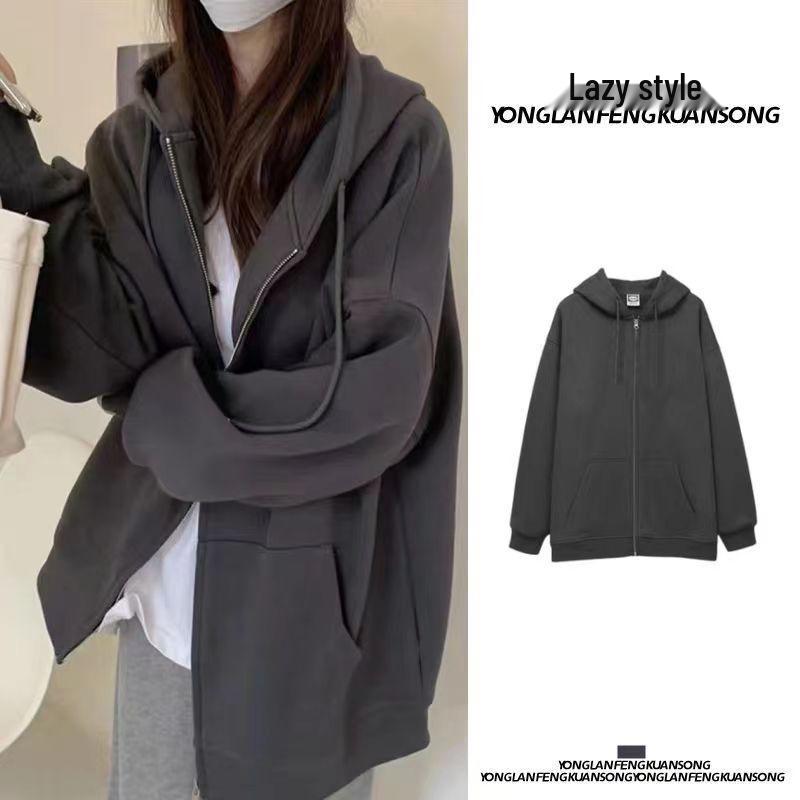 Felpa con cappuccio e zip foderata in pile da donna - Stile coreano pigro, Cardigan spesso per la primavera e l'autunno 2024.