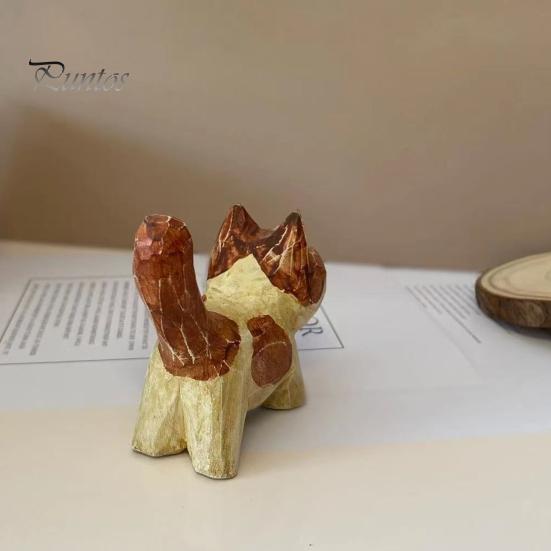 Unique Handcrafted Cat Decor Tabby Wood Figurine with Painting, Hand Carved Basswood Natural Animal Carvings Statue, Art Ornament for Home Office Desk