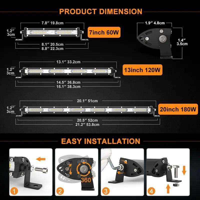 7 Inch 14 Inch LED Work Light Ultra-thin Single Row LED Light Bar for Off-road 4x4 Jeep Truck Tractor Fog Light