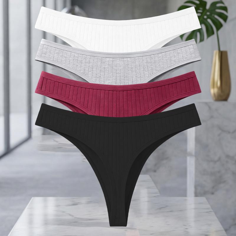 FINETOO 4Pcs/Set Cotton Ribbed Thongs For Women Seamless Solid Color High Quality Underwear Ladies Cozy Breathable Sexy G-String