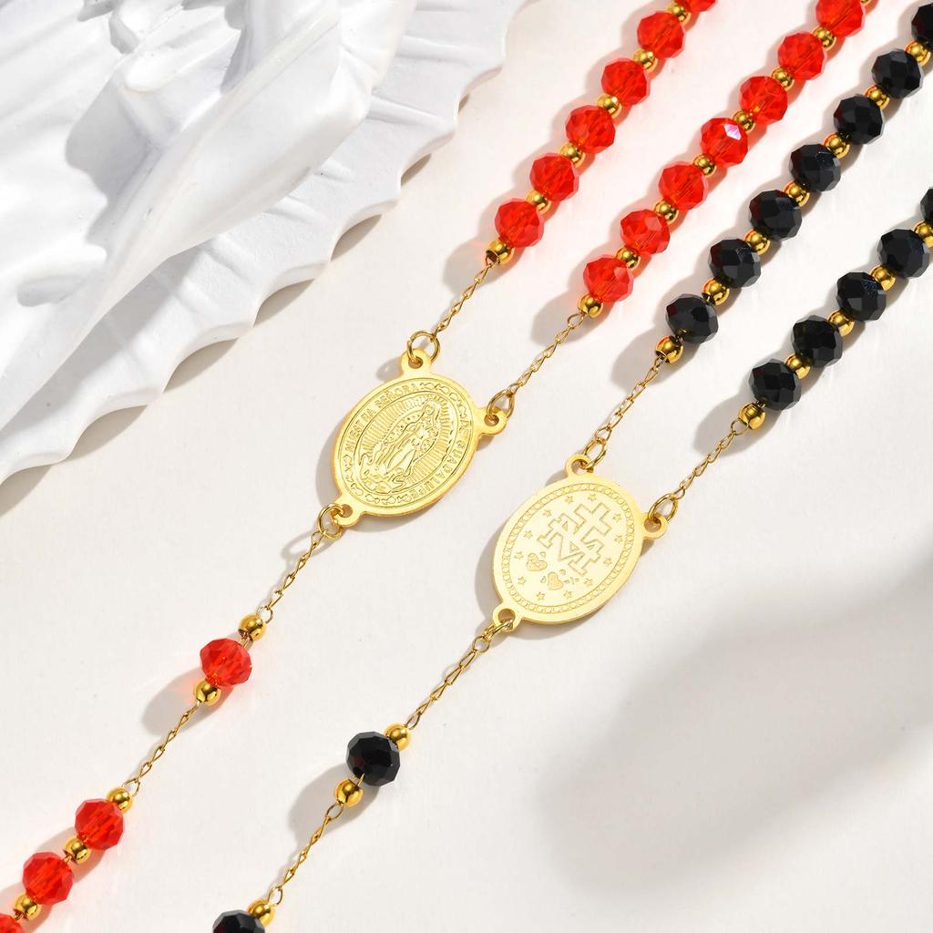 Religious Stainless Steel Virgin Mary Necklace Cross Pendant Colored Beads Chain Y-shaped Necklace for Women Pray Jewelry Gift