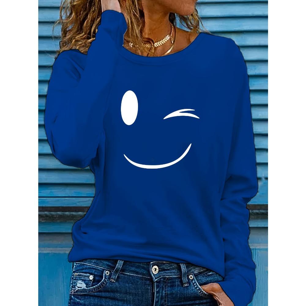 

Женская повседневная футболка с длинным рукавом и круглым вырезом с принтом - Игривый и радостный дизайн лица XL