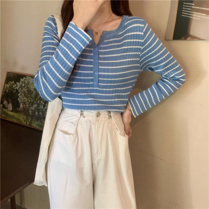 Versatile Striped Long Sleeve Knitwear Women's Early Autumn Winter Thin Loose Outerwear Base Layer Top
