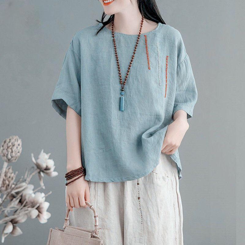 Women's Summer Loose-Fit Short-Sleeve Top Solid Color Vintage T-Shirt