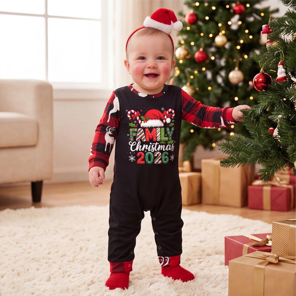 Christmas Print Matching Family Loungewear Set, Long Sleeve Round Neck Top and Pants
