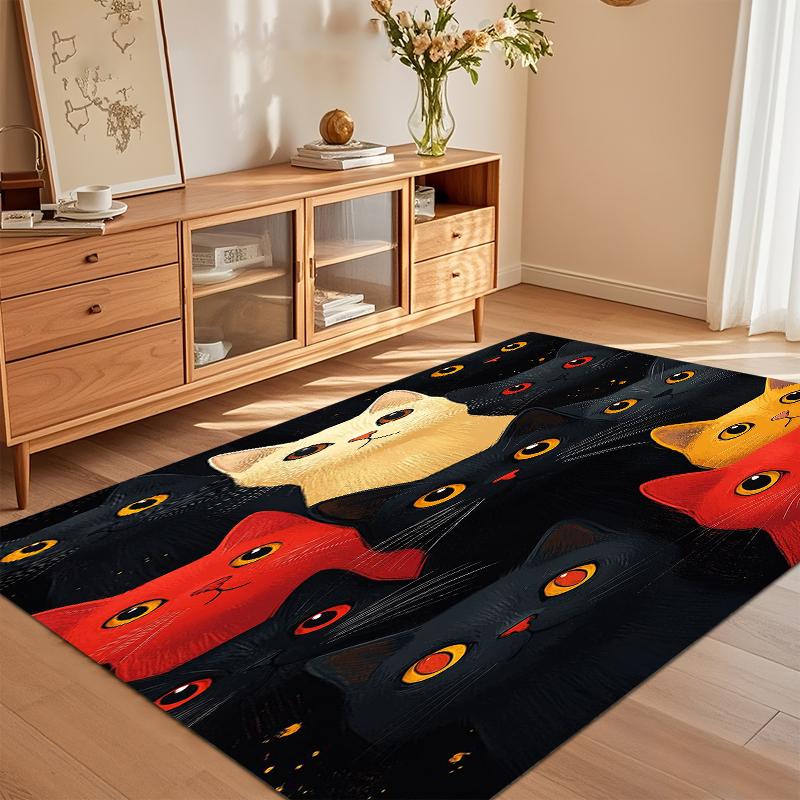 Non-Slip Whimsical Cat Area Rug with Red, Yellow, and Black Cat Faces on Black Background for Nursery Bedroom Living Room Decor