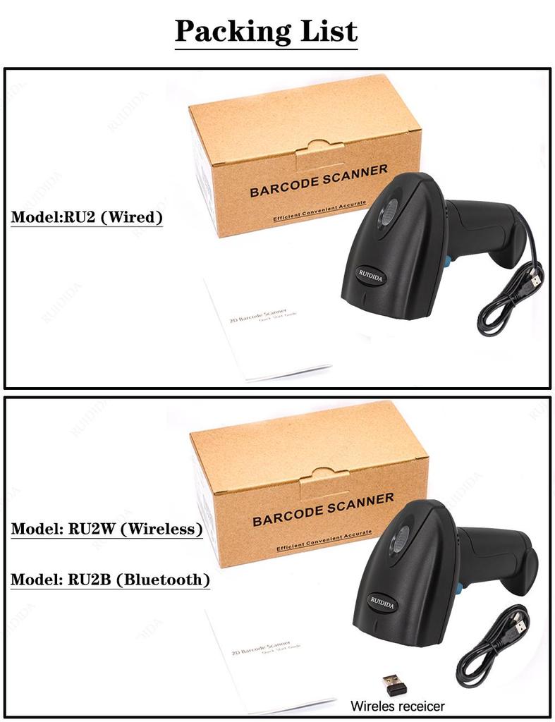 1D 2D Čtečka čárových kódů Drátová nebo Bezdrátová nebo Bluetooth Skener čárových kódů qr kód Datamatrix kód PDF417 Ruční skener