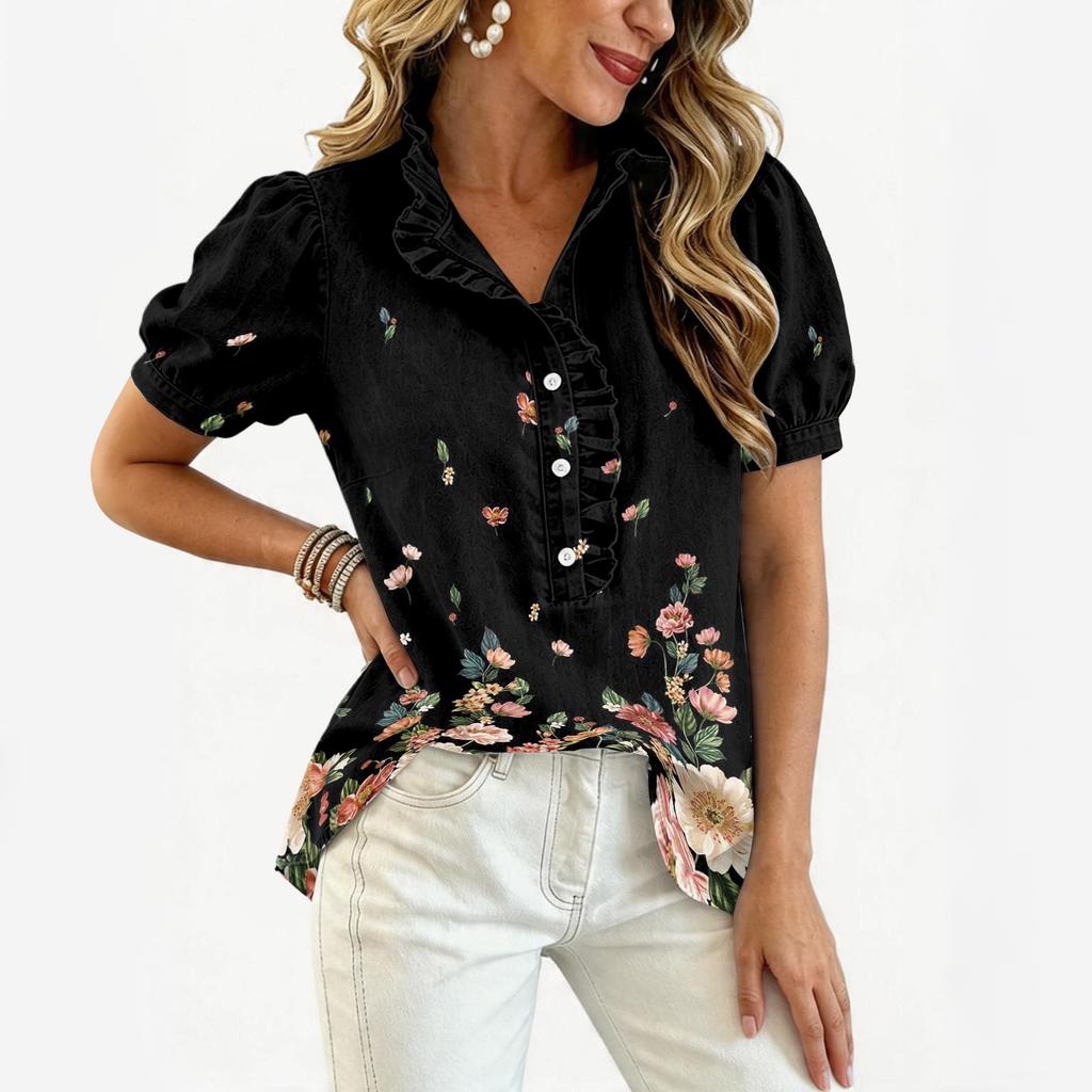 Women's Fashion Casual Ruffle V-Neck Print Blouse for Summer