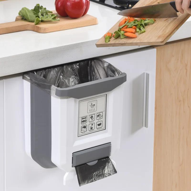 

Wall Mounted Hanging Cabinet Rubbish Waste Bin Container Folding Kitchen Trash Can Garbage Storage Box Bags