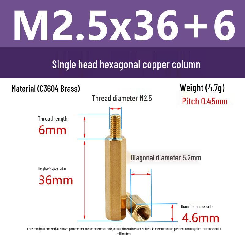 C3604 Brass Hexagonal Pillar with M2/M2.5 Internal & External Threads: Camera Stud Fixing Spacer Screw Rod