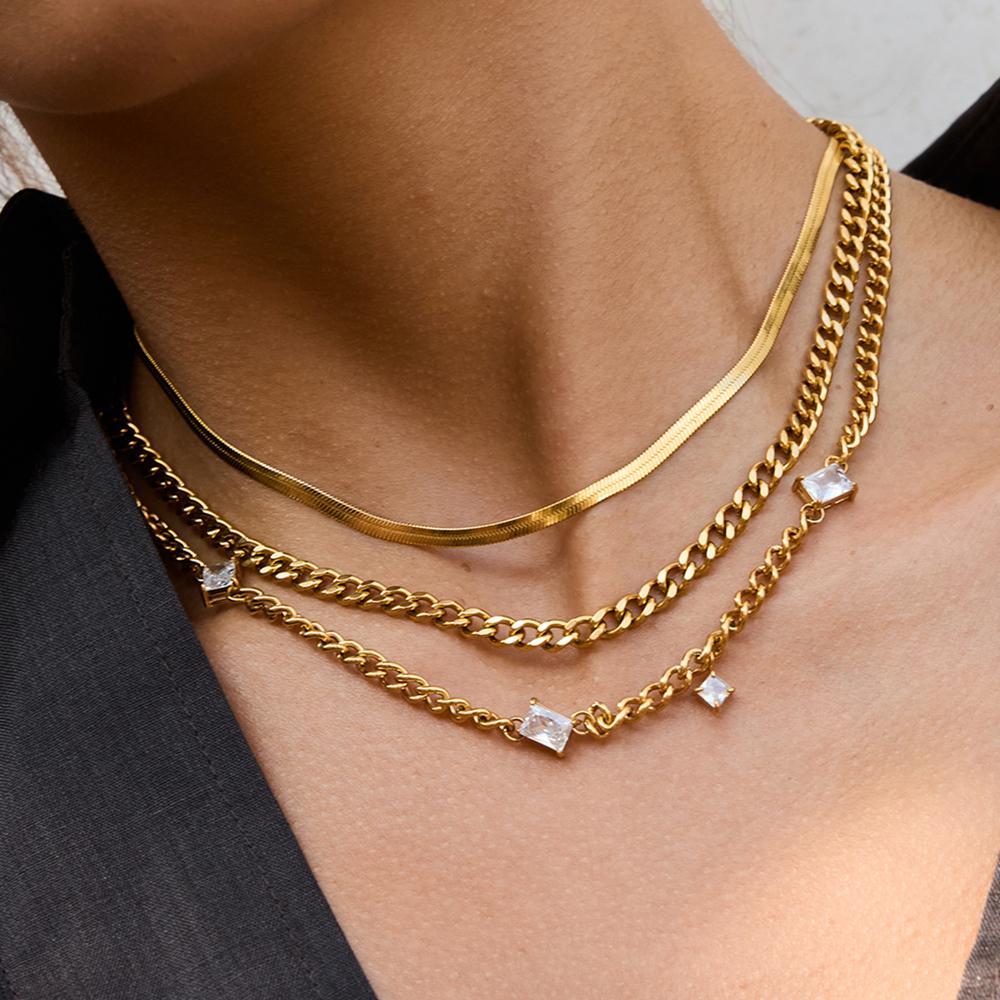 Uworld Classic Gold Color White Zircon Chain Necklace Women 18K Plated Stainless Steel Stackable Texture Necklaces Jewelry