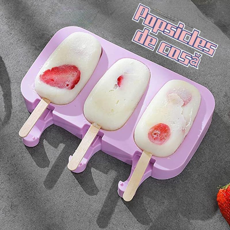 Silicone Popsicle Mold Set with 50 Wooden Sticks, 3 Compartments, Oval Shape, Purple, Ice Cream Molds for Homemade DIY Treats