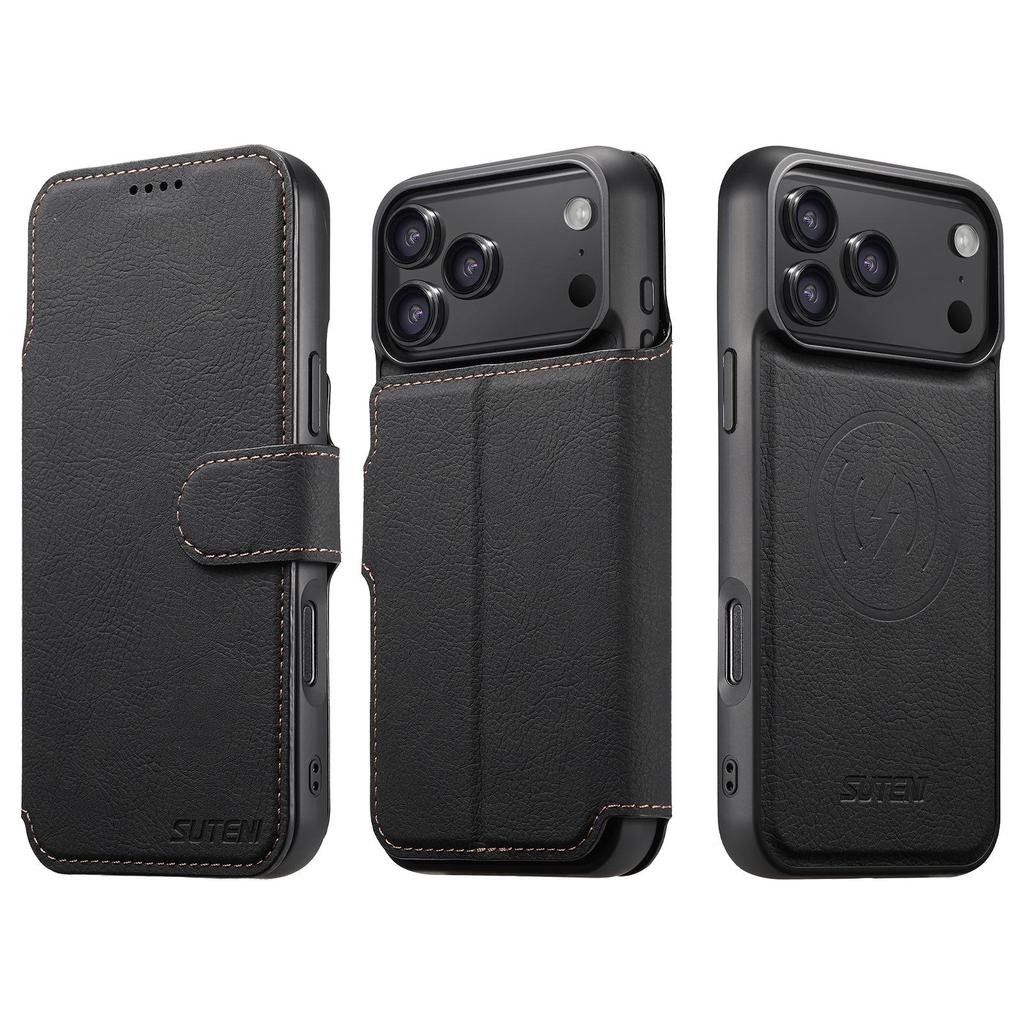 iPhone17ProMax Magnetic Leather Flip Case with Card Slot and Wireless Charging Stand