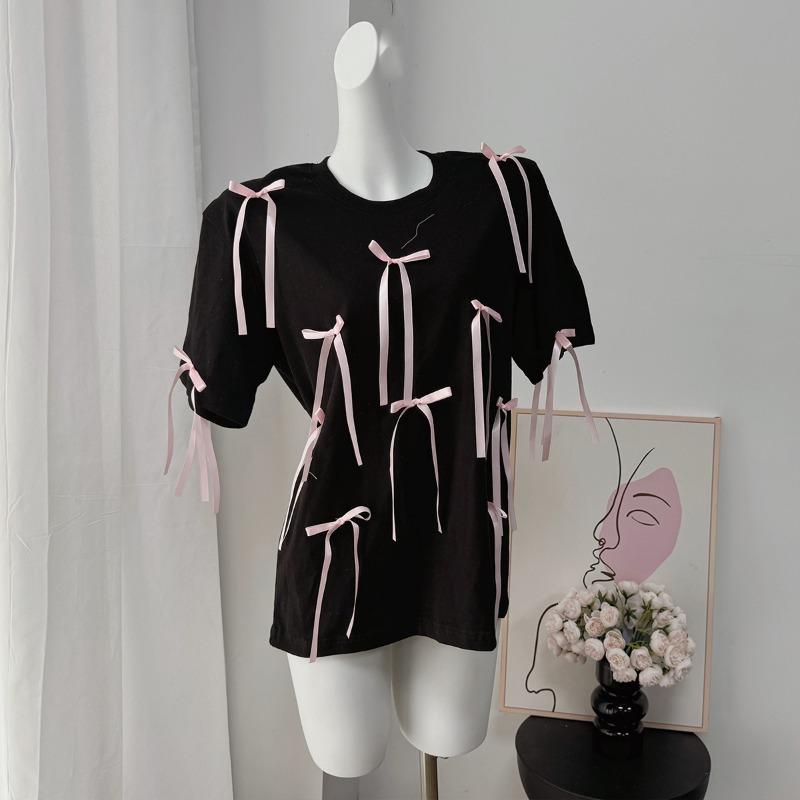 Summer New Design Three-dimensional Bow Decoration Versatile Mid-length T-shirt for Women