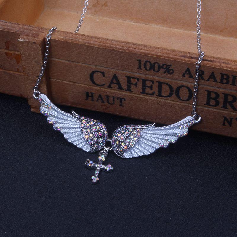 Fashion Blue White Pink Charm Crystal Angel Wings Cross Pendant Necklace Shellhard Vintage Jewelry For Women Bridal Wedding Gift