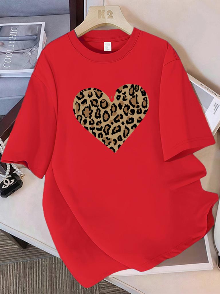 Summer Cotton TShirts Women Simple Leopard Print Heart Printing T Shirt ONeck Comfortable Loose Tops Street Womens Clothes