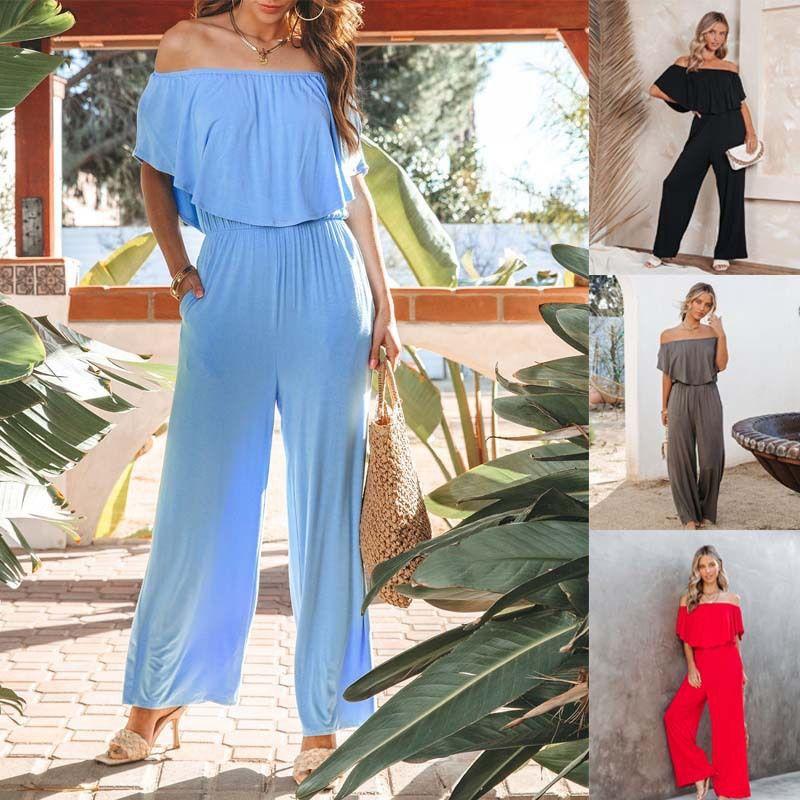 Off Shoulder Jumpsuit Spring and Summer Women's Clothing Off Shoulder Fashion Shoulder-Baring Jumpsuit Casual Loose Pants