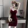 Women's French-Style Gold Velvet Camisole Dress, Summer Slim-Fit, Bodycon Short Skirt