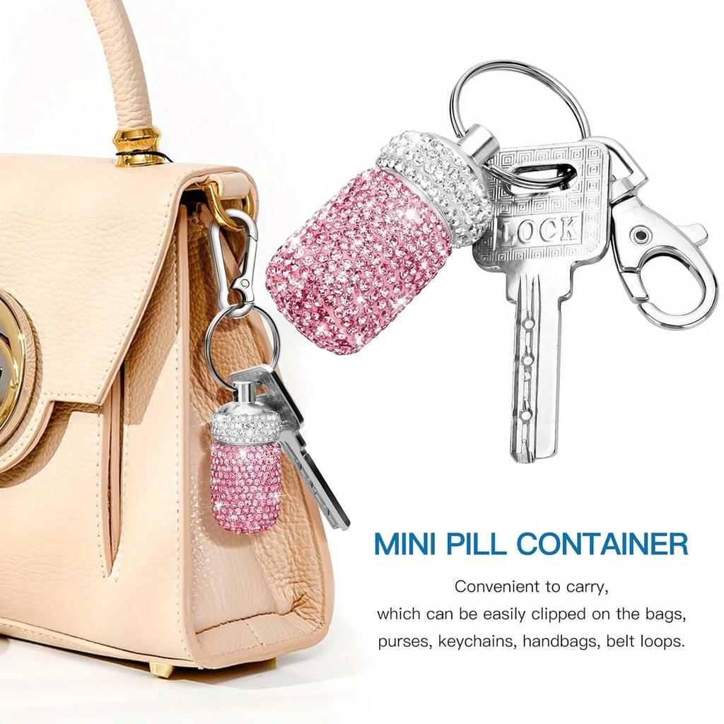 Bling Strass Pillenbehälter Etui Wasserdichter Medikamentenspender Halter mit Schlüsselanhänger Niedlicher Stil INS Reise Taschen Pillendose
