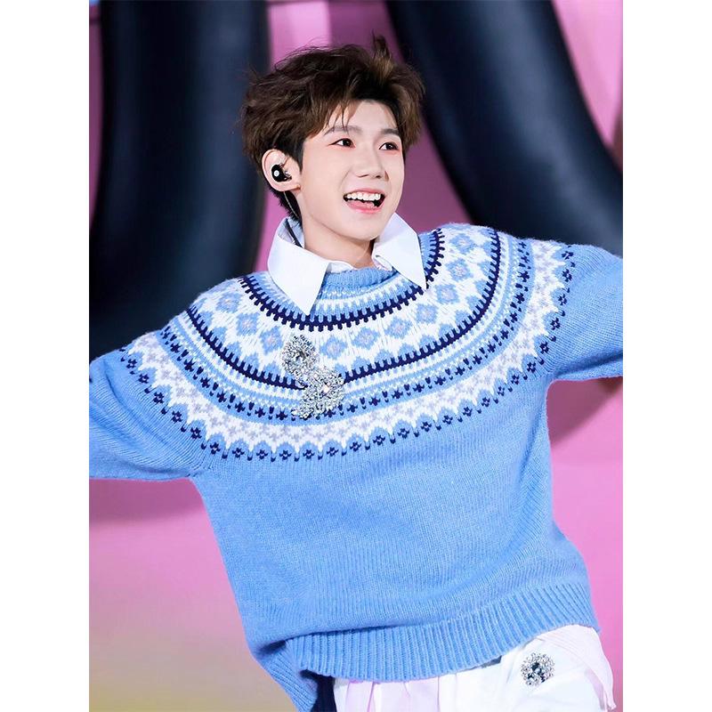 Men s Blue Fair Isle Sweater - Winter High-End Round Neck Jacquard Knitwear by Wang Yuan XXL