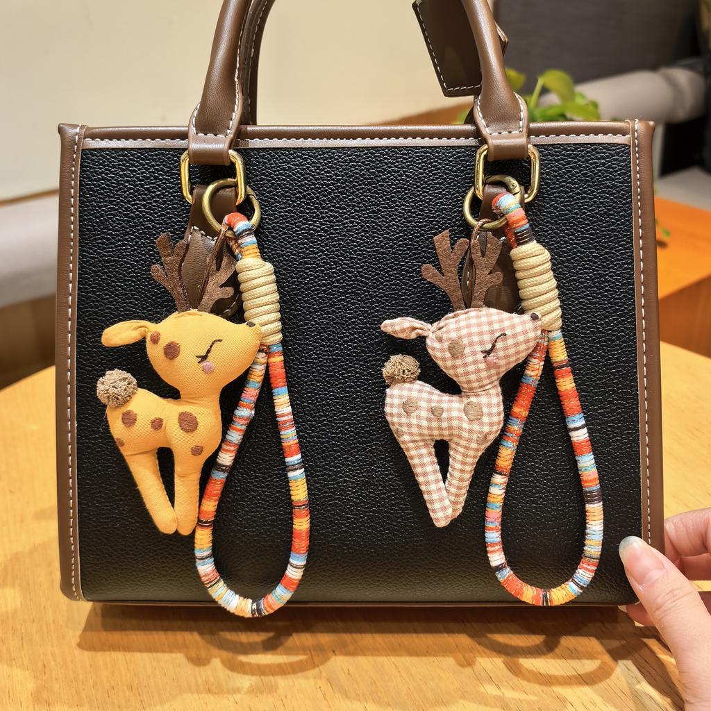 Cute Fabric Deer Bag Charm, Handmade Plush Deer Keychain with Colorful Braided Rope