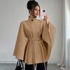Manteau Cape Élégant pour Femme en Laine Mélangée à Col Montant Ceinture à Nouer Garniture en Fourrure de Lapin Vêtement d'Hiver