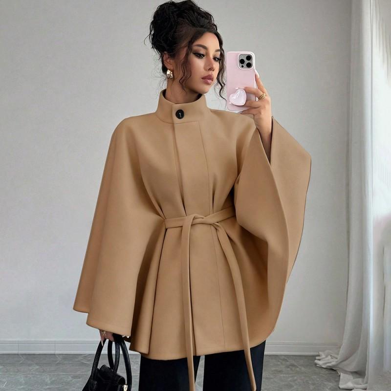 Manteau Cape Élégant pour Femme en Laine Mélangée à Col Montant Ceinture à Nouer Garniture en Fourrure de Lapin Vêtement d'Hiver