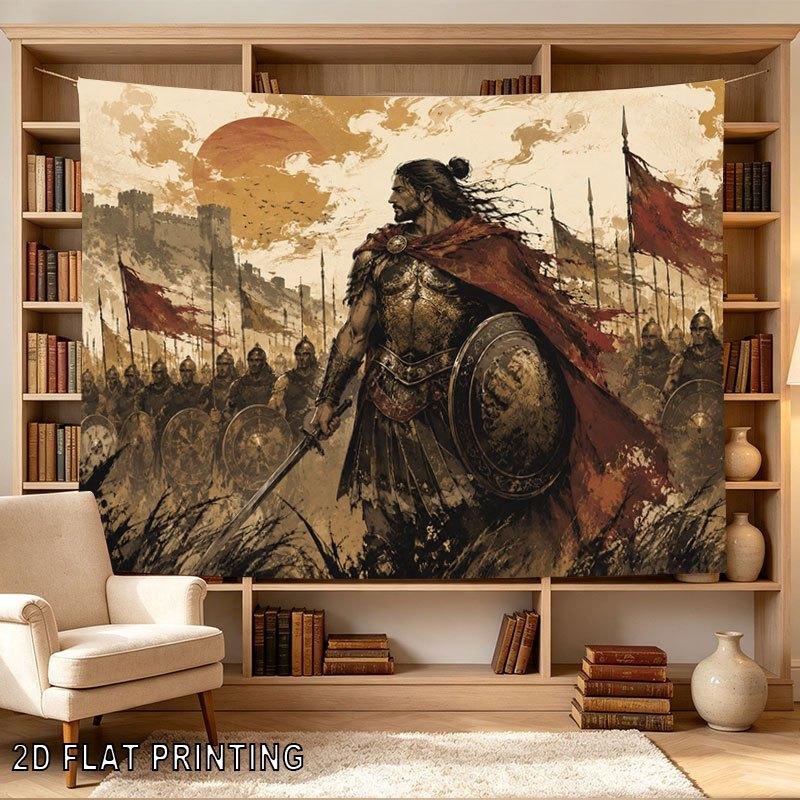 2D Flat - 2D Flat - 1pc 2D Flat Tapestry Ancient Warrior Leads Army Into Battle Under Setting Sun, Bloodred Banners Waving, Mighty Fortress in The Dis