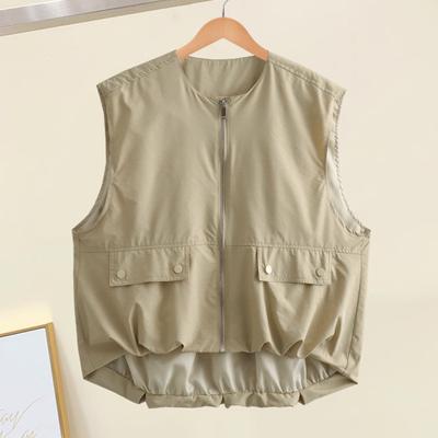 Women Summer Cargo Vest Japanese Style Zipper Clsoure Round Neck Sleeveless Soid Color Loose Cardigan Casual