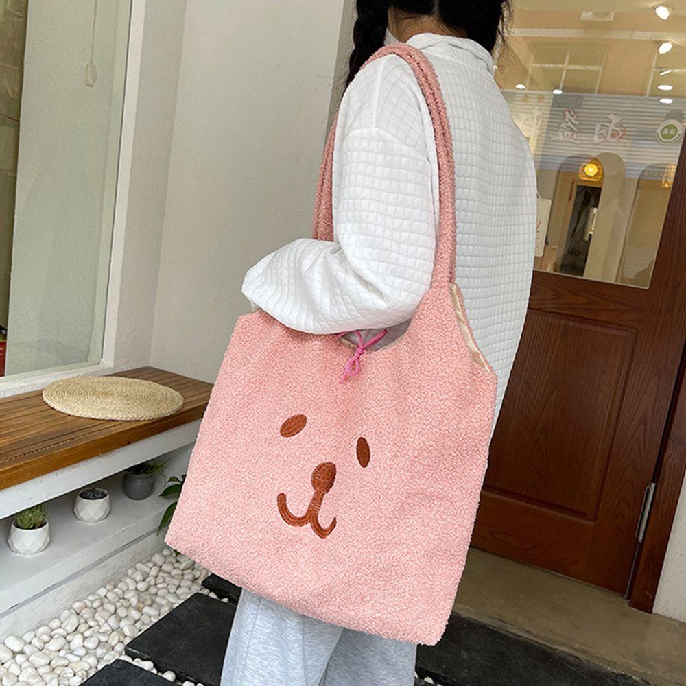 Women Soft Plush Shoulder Bag Cute Bear Handbag Furry Fluffy Totes Large Capacity Shopping Bags Cartoon Book Bags For Ladies