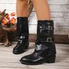 Fashion Sexy Metal Belt Buckle Black Riding Boots Women 2025 Autumn Retro Brown Medium Heel Ankle Boots Western Cowboy Shoes for Woman