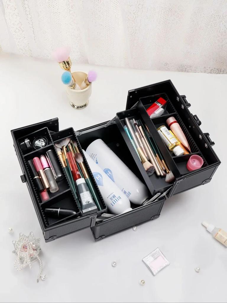 Portable Aluminum Cosmetic Case, Lockable  Professional Makeup Box with Trays
