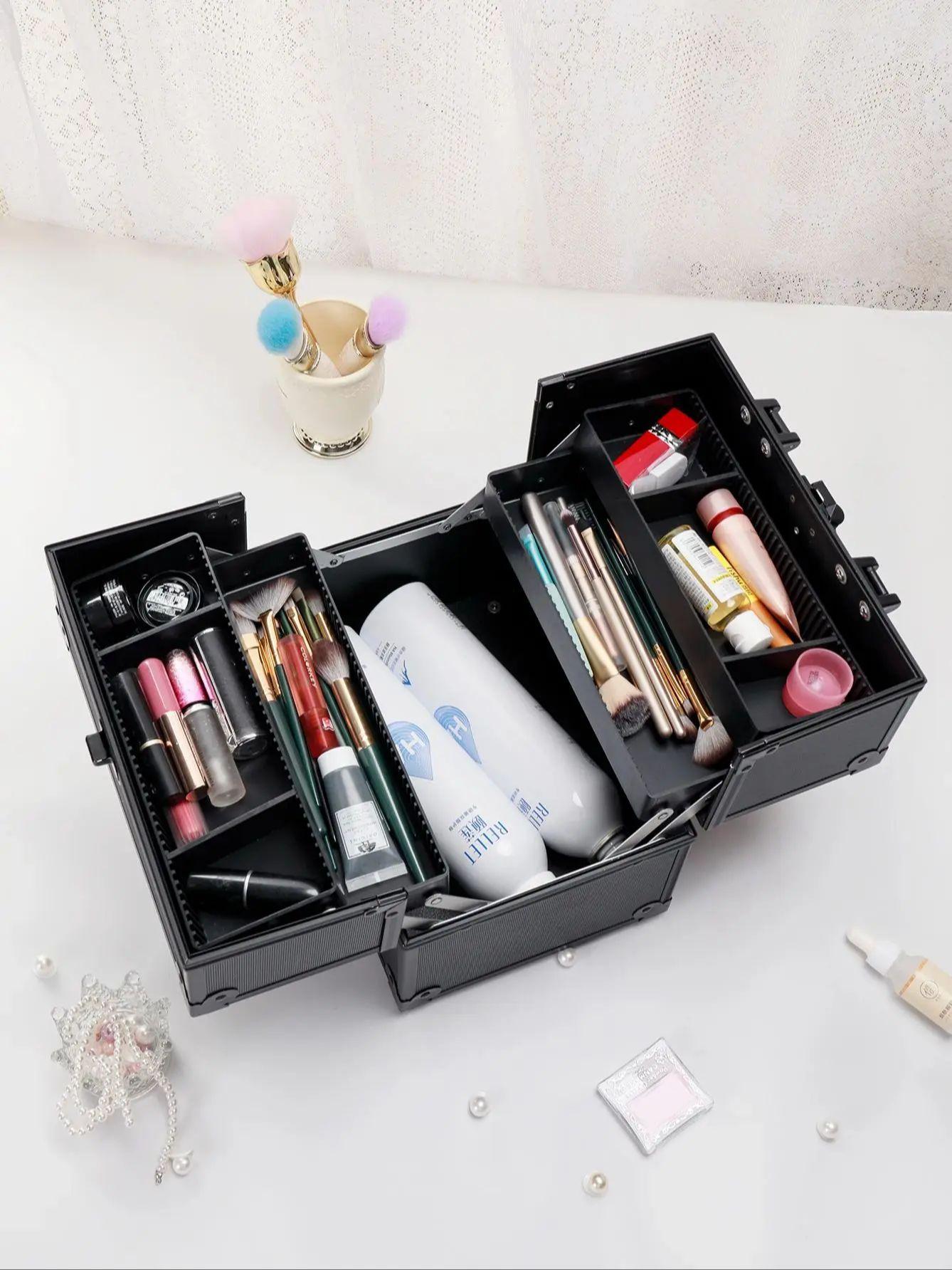 

Алюминиевый кейс для поезда, Профессиональный органайзер большой вместимости для косметики и инструментов, Портативный бокс для макияжа и нейл-арта чёрный