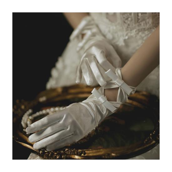 Satin Bride Gloves Short Tulle Wedding Gloves Sheer Wrist Gloves with Bow Faux Pearls for Prom Evening Opera Tea Party