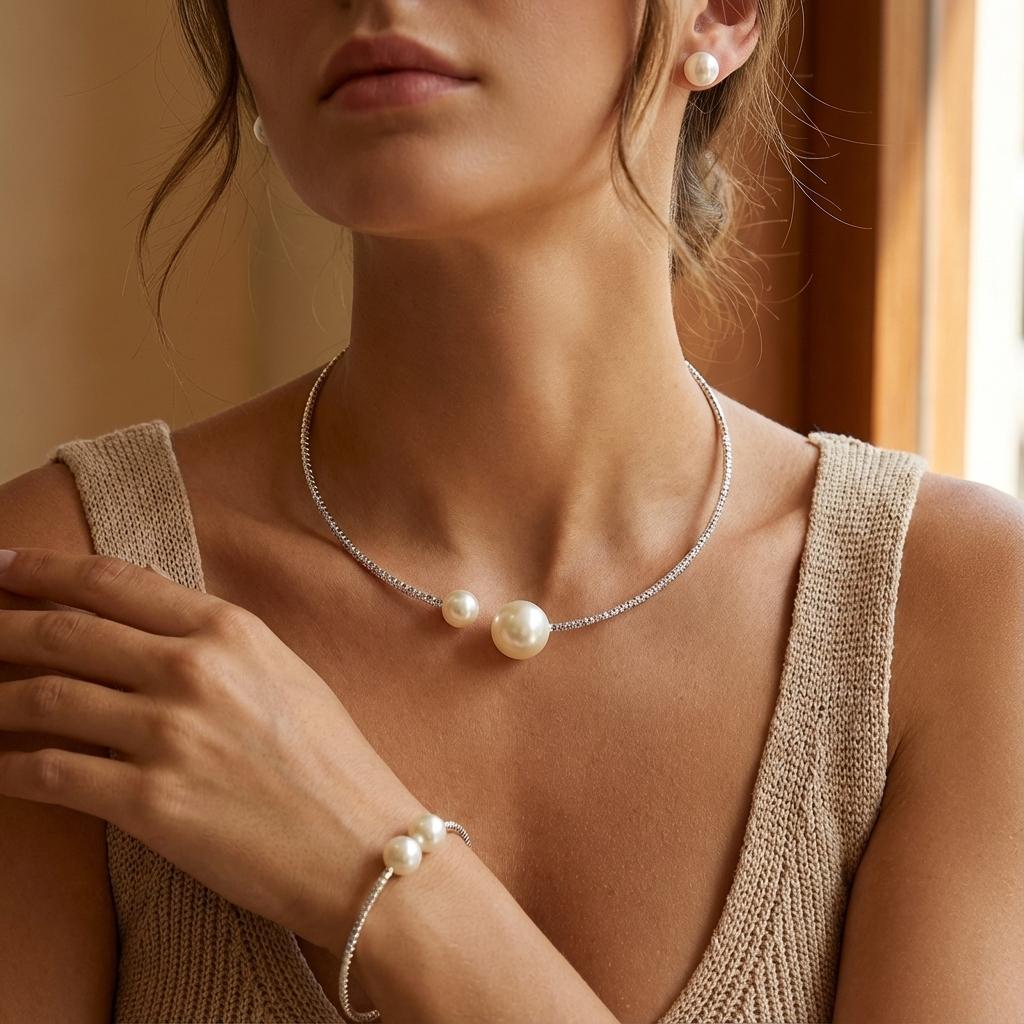 Luxury Pearl Rhinestone Choker Necklace & Bracelet Set for Women Elegant Silver Color Collar Bridal Wedding Jewelry Accessories