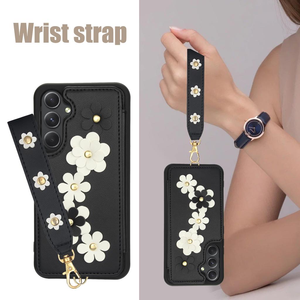 SY-001 For Samsung Galaxy A15 4G/5G Case Card Slots Leather+TPU Phone Cover with 2 Straps