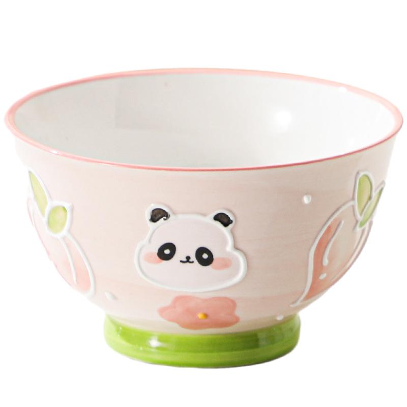 Hand-Painted Relief Household Ceramic Bowl Cartoon Cute Rice Bowl Tableware Children'S Bowl Bear High Value Eating Bowl